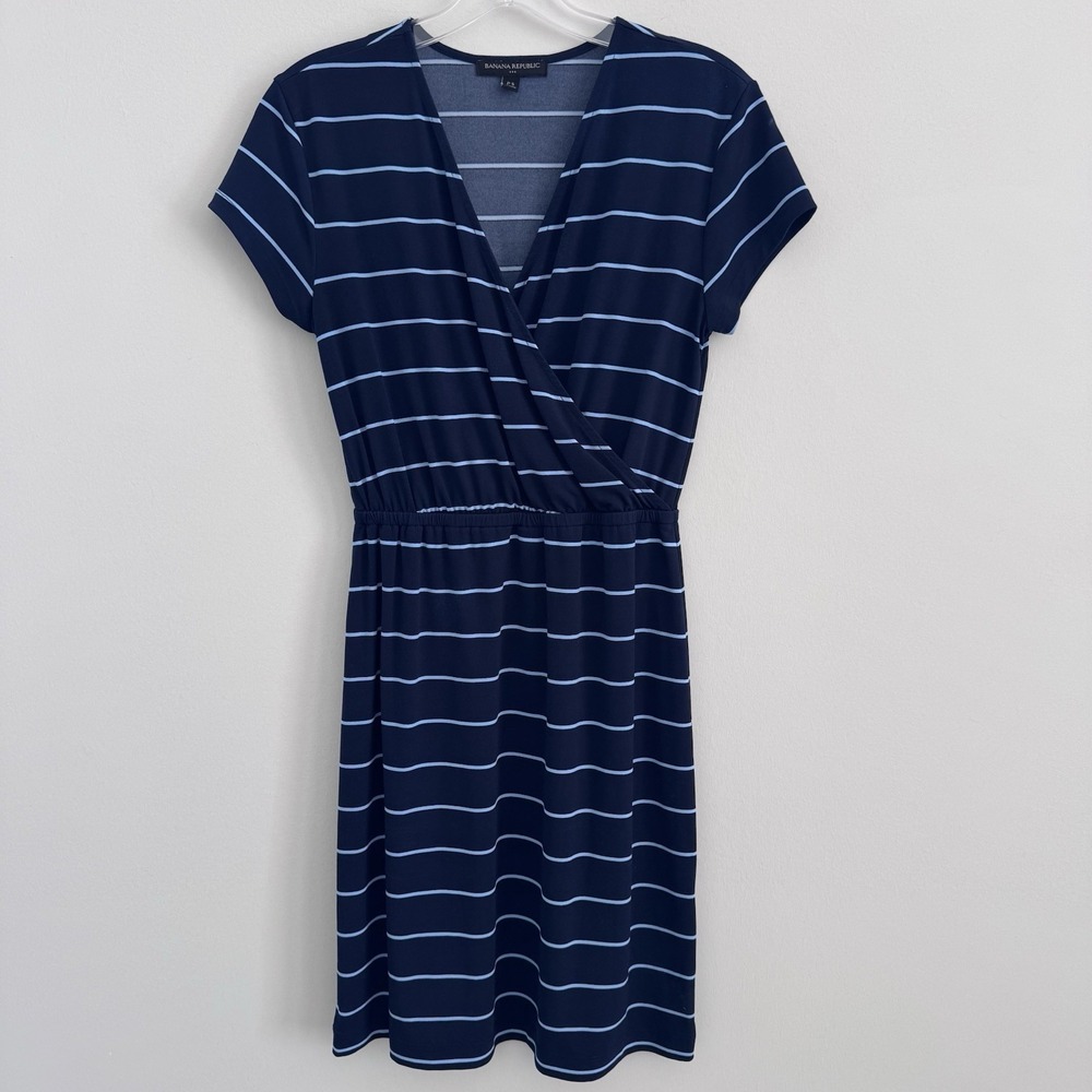 Banana Republic Women's Petite PS Navy Stripe Faux Wrap Dress Stretch
